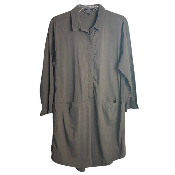 Eileen Fisher Tops - Eileen Fisher Linen Blend Relaxed Button Front Shirt Dress Tunic Gray Small